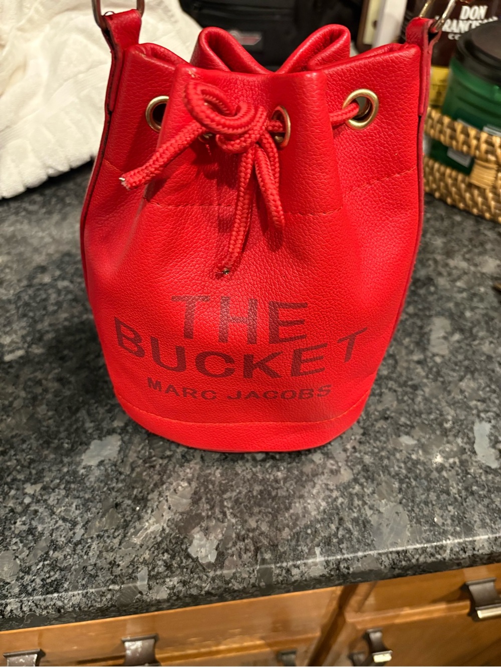 Marc Jacobs Red Leather Drawstring Bucket Bag with Gold Hardware